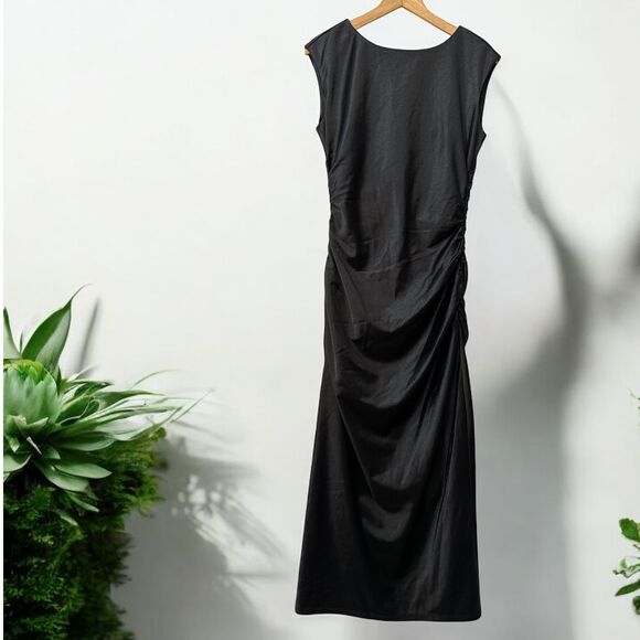 Chelsea28 Elegant Black Satin Ruched Midi‎ Dress Cocktail Party Formal Size S - Picture 3 of 5